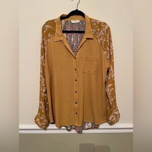 Umgee Linen Mixed Boho Print Long Sleeve Button Down Blouse Yellow Mustard